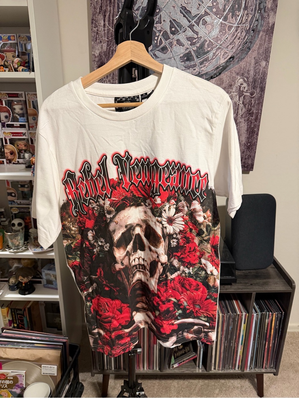 rebels White Tee with Skull and Red Floral Graphic